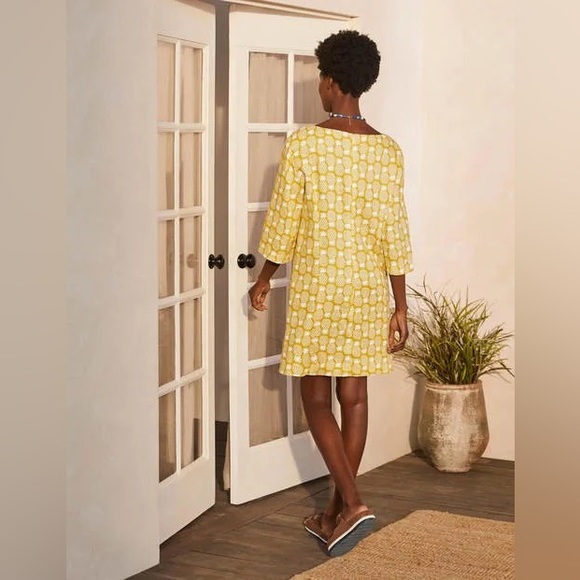 Boden Laurie Linen 3/4 Sleeve Shift Dress in Chartreuse, Pineapple Geo size 14R - Picture 2 of 13